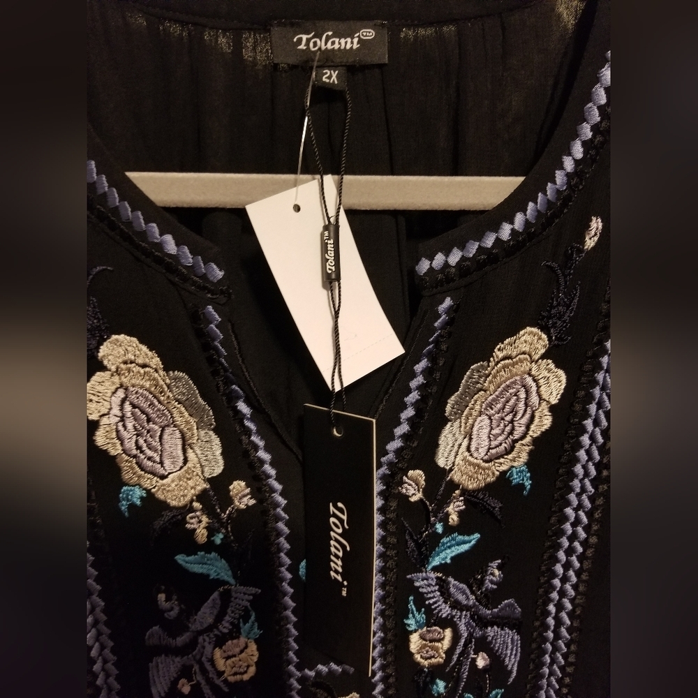 NWT Tolani Embroidered Dress Womens Large Black Lined Reched Sleeves - Picture 7 of 11